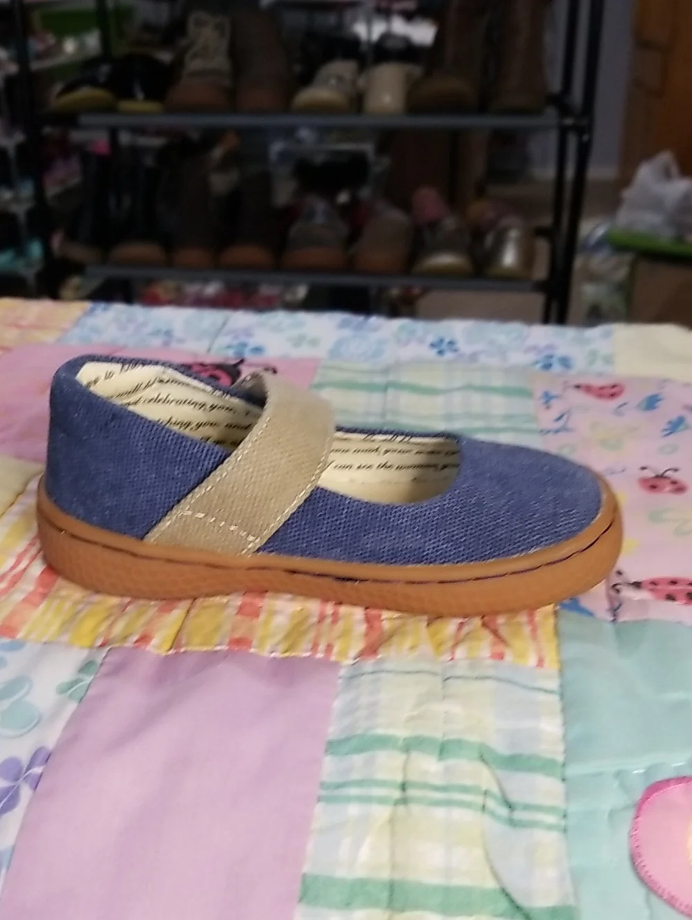 Livie & Luca Blue Canvas Mary Janes with Tan Strap Size 7 Carta II